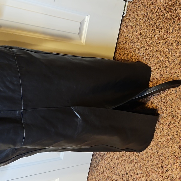 Vintage Reed Elegant Black Leather Coat Trench S Long Buttons - Picture 8 of 12